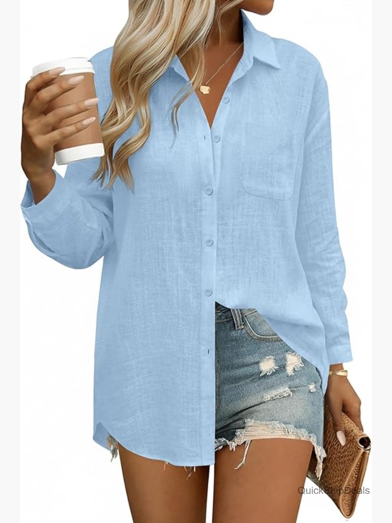 Linen Cotton Button Down Shirt Long Sleeve Blouse With Pocket